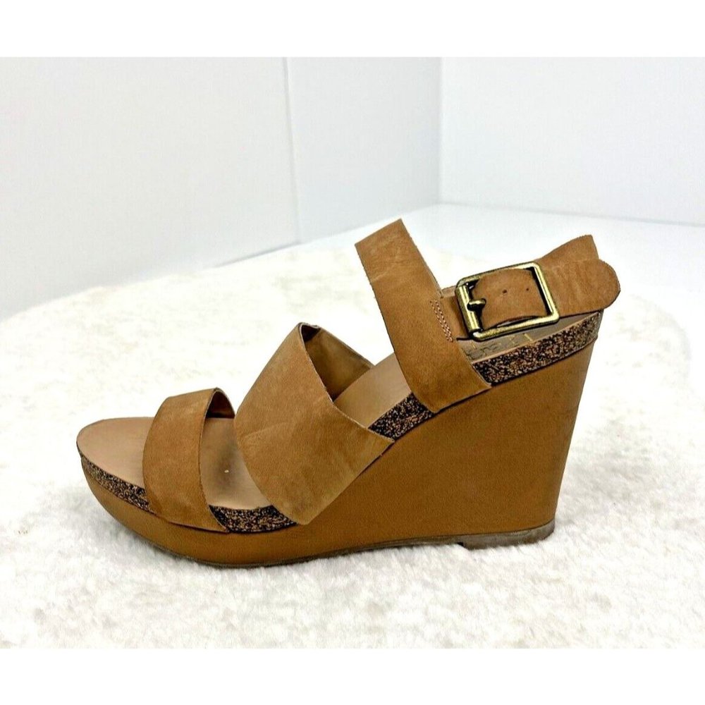 Franco Sarto Beige Leather Wedge Heel Fiona Sandal Platform Womens Size 6.5